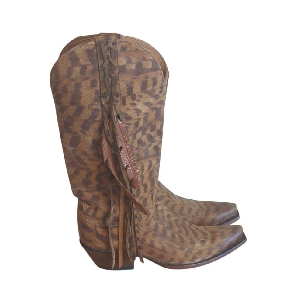 Brown Distressed Animal Print Suede Feather‎ Fringe Cowboy Boots Square Toe